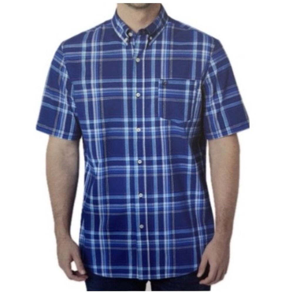 NWT CHAPS Men’s Shirt Large Short Sleeve Classic Fit Soft Touch Blue White Plaid